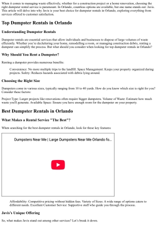 Why Javis is Your Best Choice for Dumpster Rentals in Orlando.