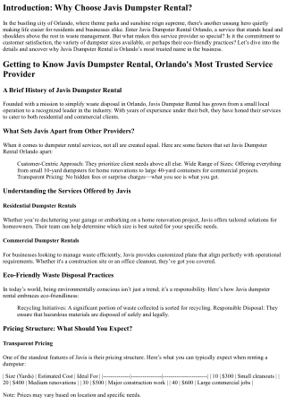 Getting to Know Javis Dumpster Rental, Orlando's Most Trusted Service Provider