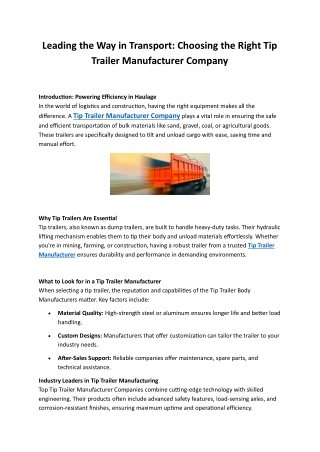 Leading the Way in Transport: Choosing the Right Tip Trailer Manufacturer Compan