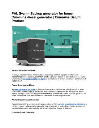 PAL Svam - Backup generator for home | Cummins diesel generator | Cummins Datum