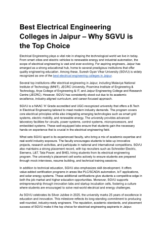 Best Electrical Engineering Colleges in Jaipur – Why SGVU is the Top Choice