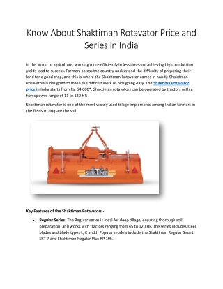 Know About Shaktiman Rotavator Price and Series in India
