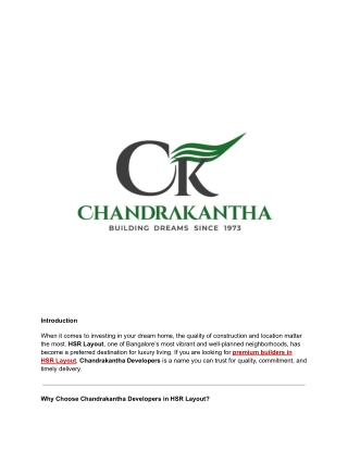 Premium Builders in HSR Layout Bangalore