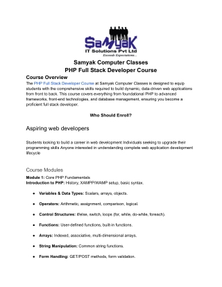 samyak computer classes php full stack developer