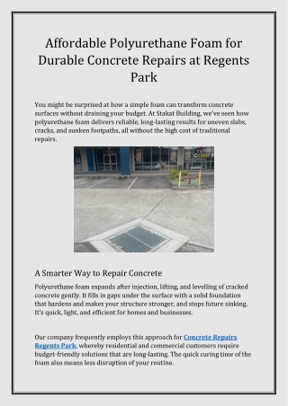 Affordable Polyurethane Foam for Durable Concrete Repairs at Regents Park