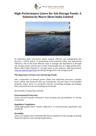 High-Performance Liners for Ash Storage Ponds A Solution by Macro Sheet India Limited