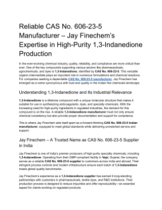 Reliable CAS No. 606-23-5 Manufacturer – Jay Finechem’s Expertise in High-Purity 1,3-Indanedione Production (1)