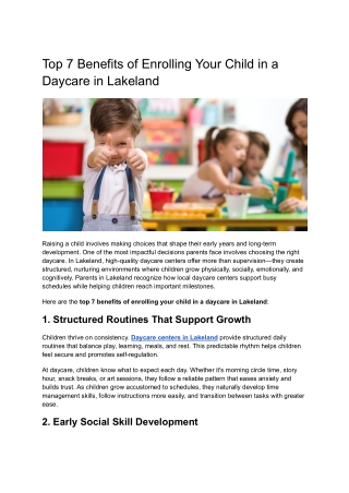Top 7 Benefits of Enrolling Your Child in a Daycare in Lakeland