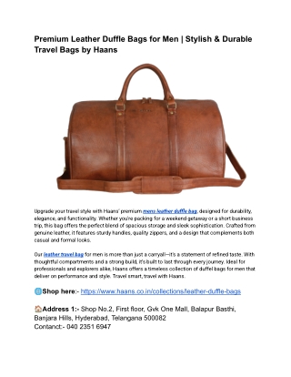 Premium Leather Duffle Bags for Men _ Stylish & Durable Travel Bags by Haans