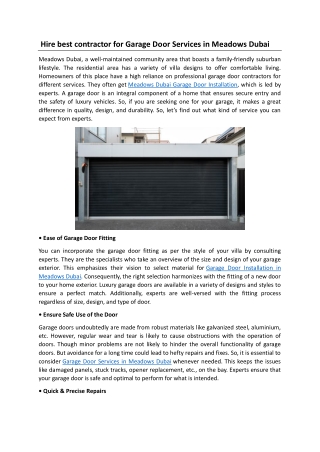 Hire best contractor for Garage Door Services in Meadows Dubai