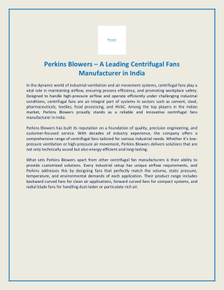 Perkins Blowers A Leading Centrifugal Fans Manufacturer in India