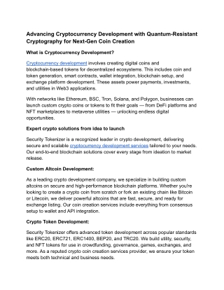 Advancing Cryptocurrency Development with Quantum-Resistant Cryptography for Next-Gen Coin Creation