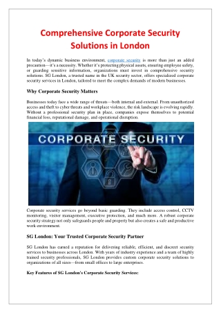 Comprehensive Corporate Security Solutions in London