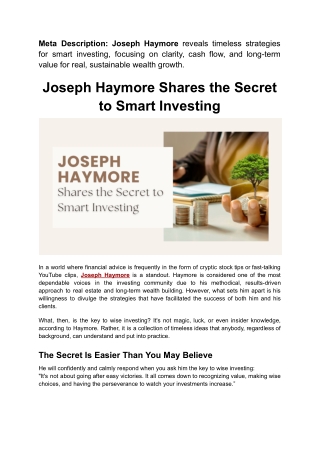 Joseph Haymore’s Guide to Smart Investing