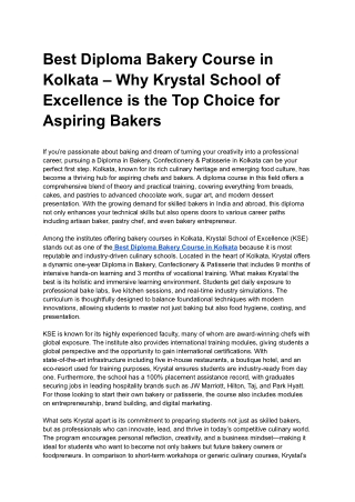 Best Diploma Bakery Course in Kolkata – Why Krystal School of Excellence is the Top Choice for Aspiring Bakers