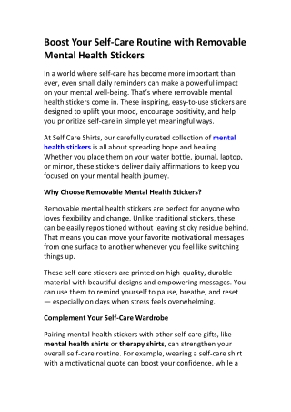 Removable Mental Health Stickers for Self-Care | Self Care Shirts