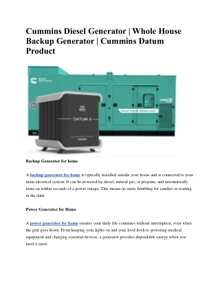 Cummins Diesel Generator | Whole House Backup Generator | Cummins Datum Product