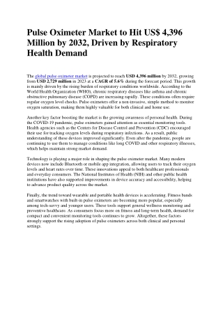 Pulse Oximeter Market Projected to Grow Due to Rising Global Health Awareness Le