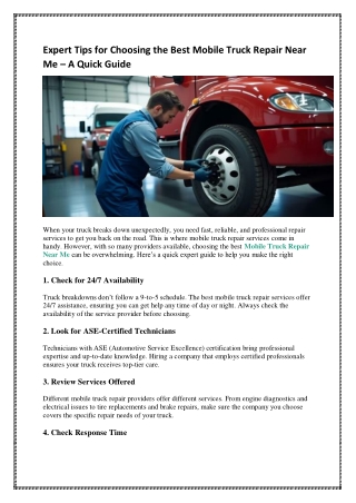 Expert Tips for Choosing the Best Mobile Truck Repair Near Me – A Quick Guide