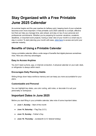 Stay Organized with a Free Printable June 2025 Calendar