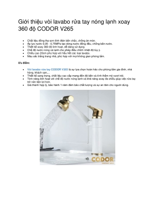 Vòi Lavabo Rửa Tay Nóng Lạnh Xoay 360 Độ CODOR V265