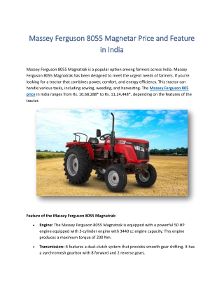Massey Ferguson 8055 Magnetar Price and Feature in India