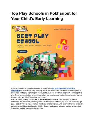 Top Play Schools in Pokhariput for Your Child’s Early Learning