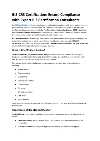 BIS-CRS Certification- Ensure Compliance with Expert BIS Certification Consultants
