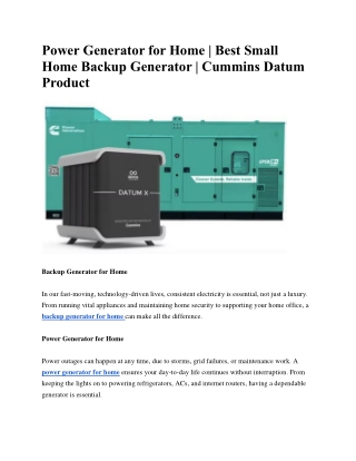 Power Generator for Home | Best Small Home Backup Generator | Cummins Datum Prod