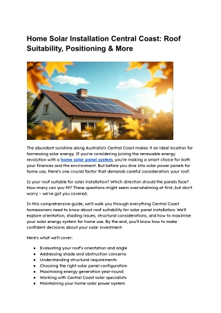 Home Solar Installation Central Coast_ Roof Suitability, Positioning & More