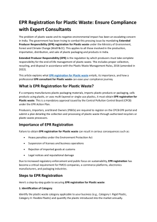 EPR Registration for Plastic Waste-Ensure Compliance with Expert Consultants
