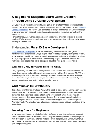 A Beginner’s Blueprint Learn Game Creation Through Unity 3D Game Development