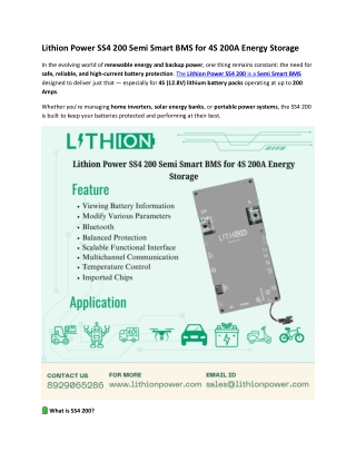 Lithion Power SS4 200 Semi Smart BMS for 4S 200A Energy Storage