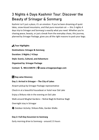 3 Nights 4 Days Kashmir Tour: Discover the Beauty of Srinagar & Sonmarg