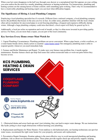 KCs Plumbing & Heating, Coquitlams Favored Plumbing Specialist