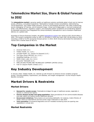 Telemedicine Market Size Analysis by Region and Application – Forecast to 2032