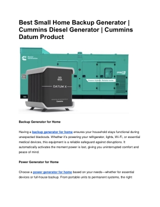 Best Small Home Backup Generator | Cummins Diesel Generator | Cummins Datum Prod