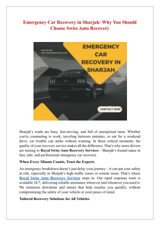 Emergency Car Recovery in Sharjah - Why You Should Choose Swiss Auto Recovery