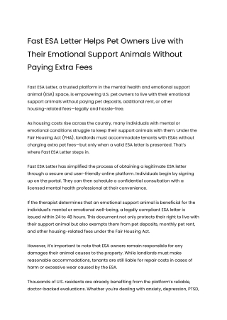 Fast ESA Letter Helps Pet Owners Live with Their Emotional Support Animals Without Paying Extra Fees