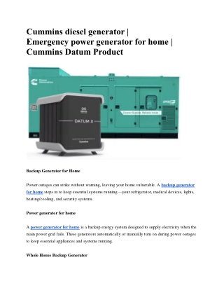 Cummins diesel generator | Emergency power generator for home | Cummins Datum Pr