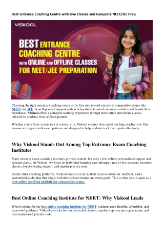 Best Entrance Coaching Centre with Live Classes and Complete NEET