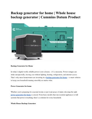 Backup generator for home | Whole house backup generator | Cummins Datum Product