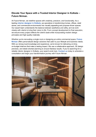 Elevate Your Space with a Trusted Interior Designer in Kolkata – Future Nirman.