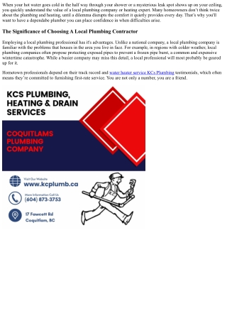 KCs Plumbing, Heating and Drain Service, Coquitlams Favored Plumbing Service