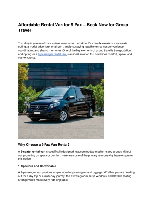 Affordable Rental Van for 9 Pax – Book Now for Group Travel