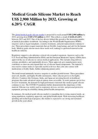 Medical Grade Silicone Market Set for Significant Rise with CAGR of 6.2% to 2032