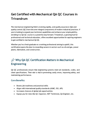 Get Certified with Mechanical QA QC Courses in Trivandrum