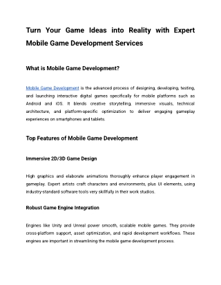 Turn Your Game Ideas into Reality with Expert Mobile Game Development Services