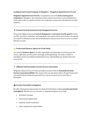 Leading Security Guard Company in Bangalore – Bengaluru Squad Services Pvt Ltd