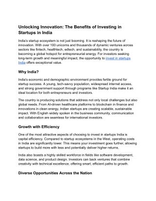 Unlocking Innovation: The Benefits of Investing in Startups in India